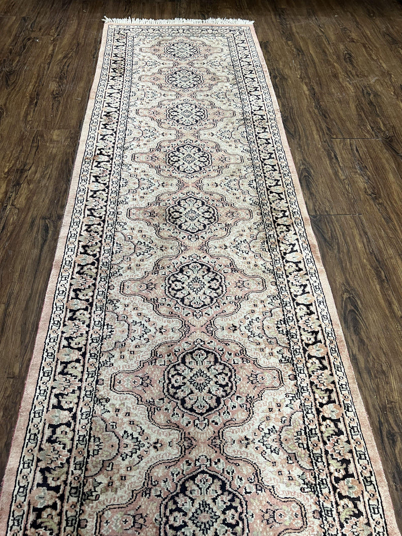Silk Kashmiri Runner 2.7 x 10 ft Vintage Rug, Ivory Pastel Pink, Hand-Knotted Vintage Runner, Hallway Carpet, Indian Rug Medallion Runner by Jewel Rugs