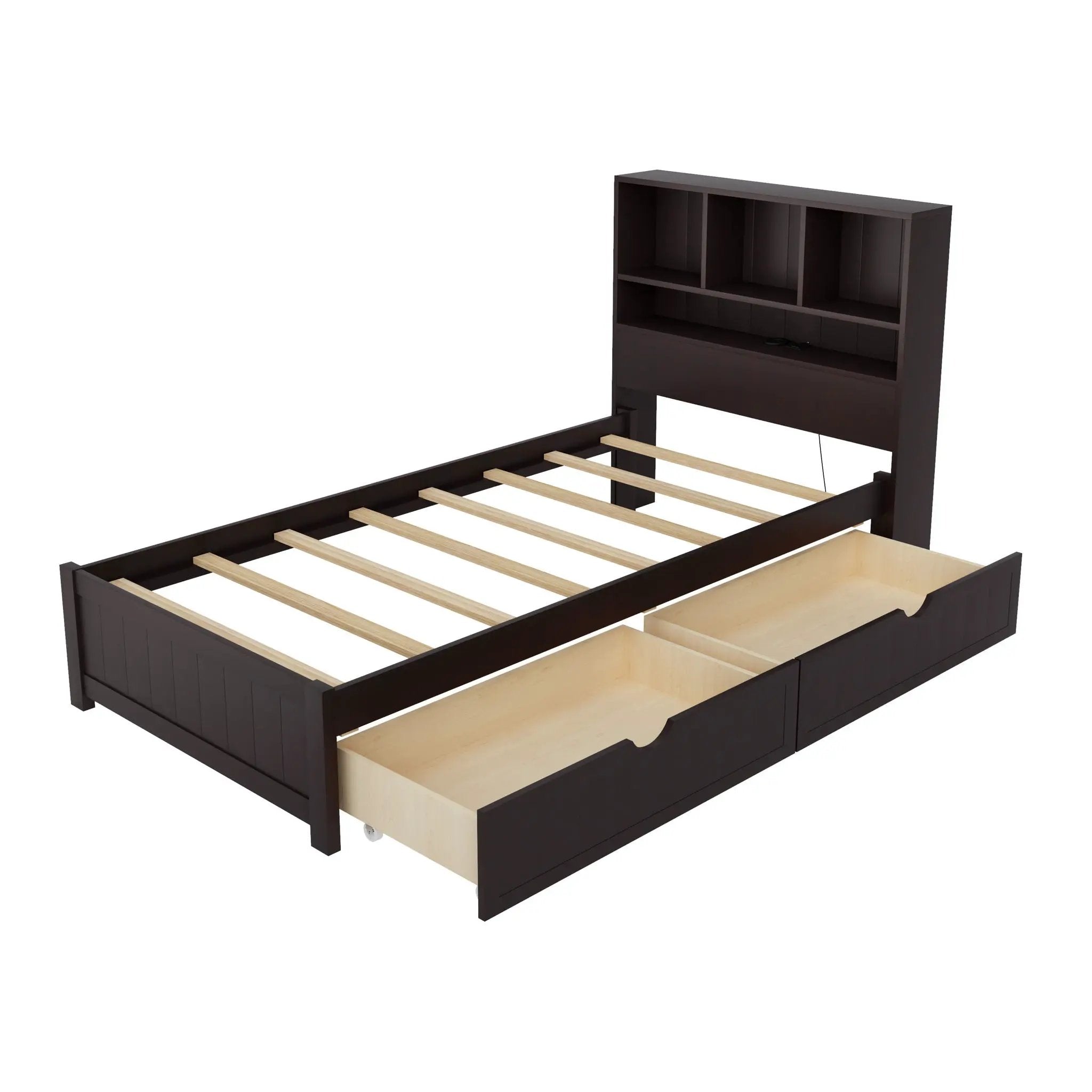 Platform Bed With Bookcase Headboard, Built-In Downlight, Charging Station, And 2 Side Drawers by Unique Piece Furniture