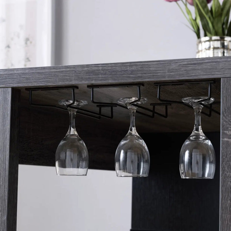 Home Bar Table With Wine Glass Compartment And Three Shelves - Distressed Gray / Black by Unique Piece Furniture