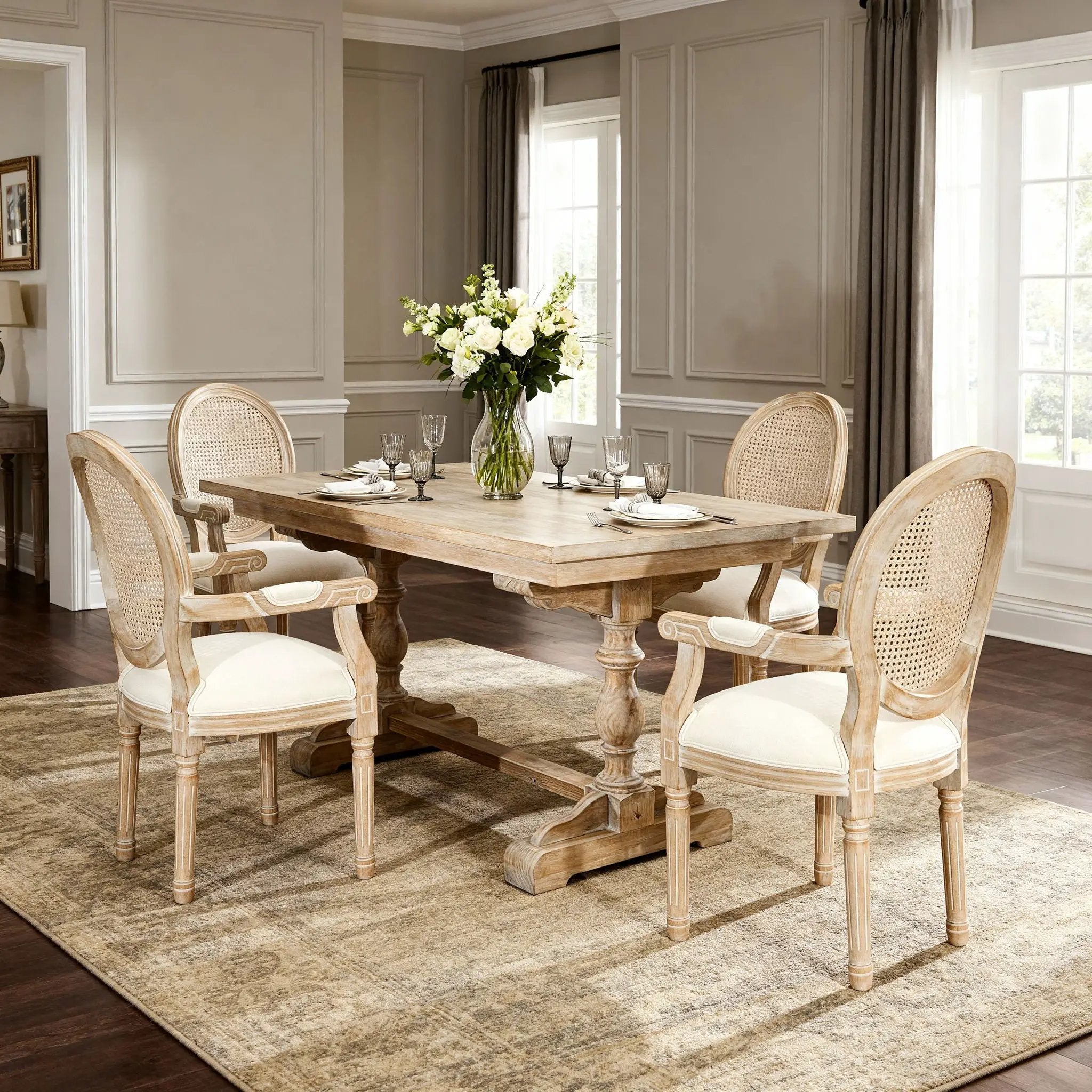 French Vintage Upholstered Fabric Dining Armchair (Set of 2) - Beige by HouseOfZazla