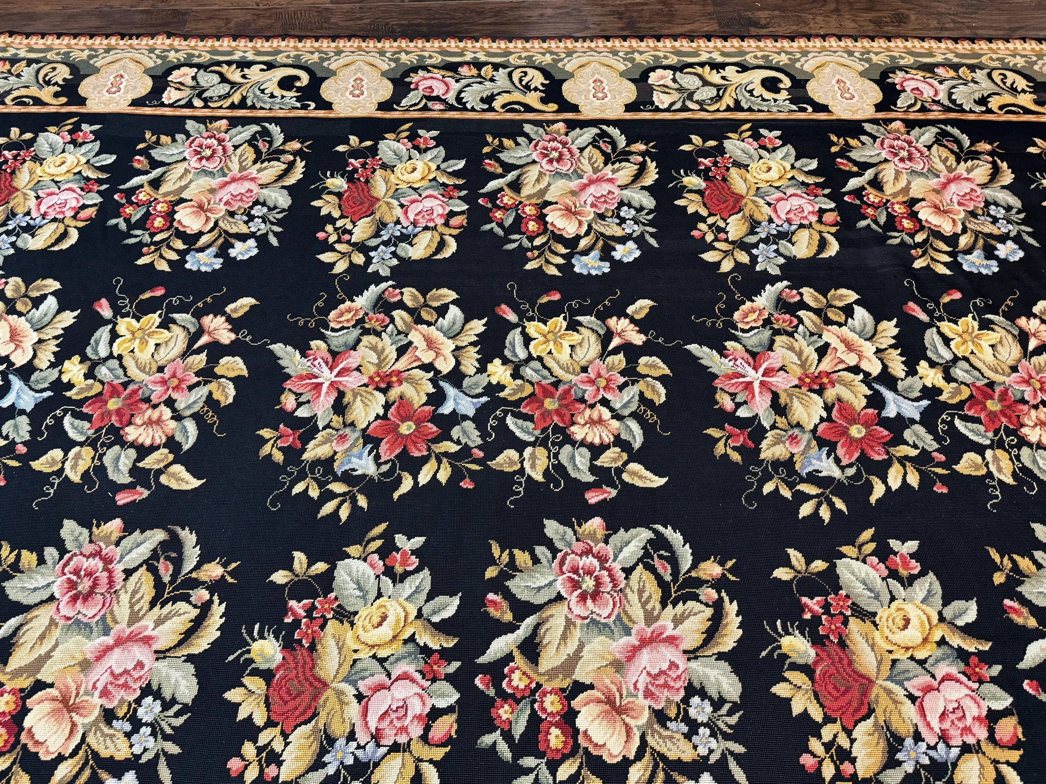 Palace Size Needlepoint Rug 12x16, Black and Colorful, Floral Panel, Handmade Oversized Wool Needlepoint Carpet, Rare by Jewel Rugs