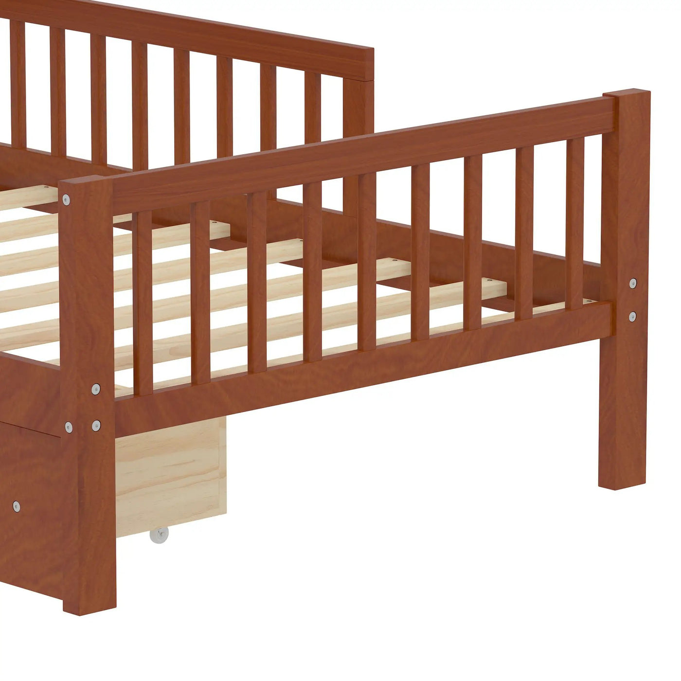 Bed With Headboard Storage Rack, 2 Under Bed Drawers, 3 Side Guardrails For Safety by HouseOfZazla