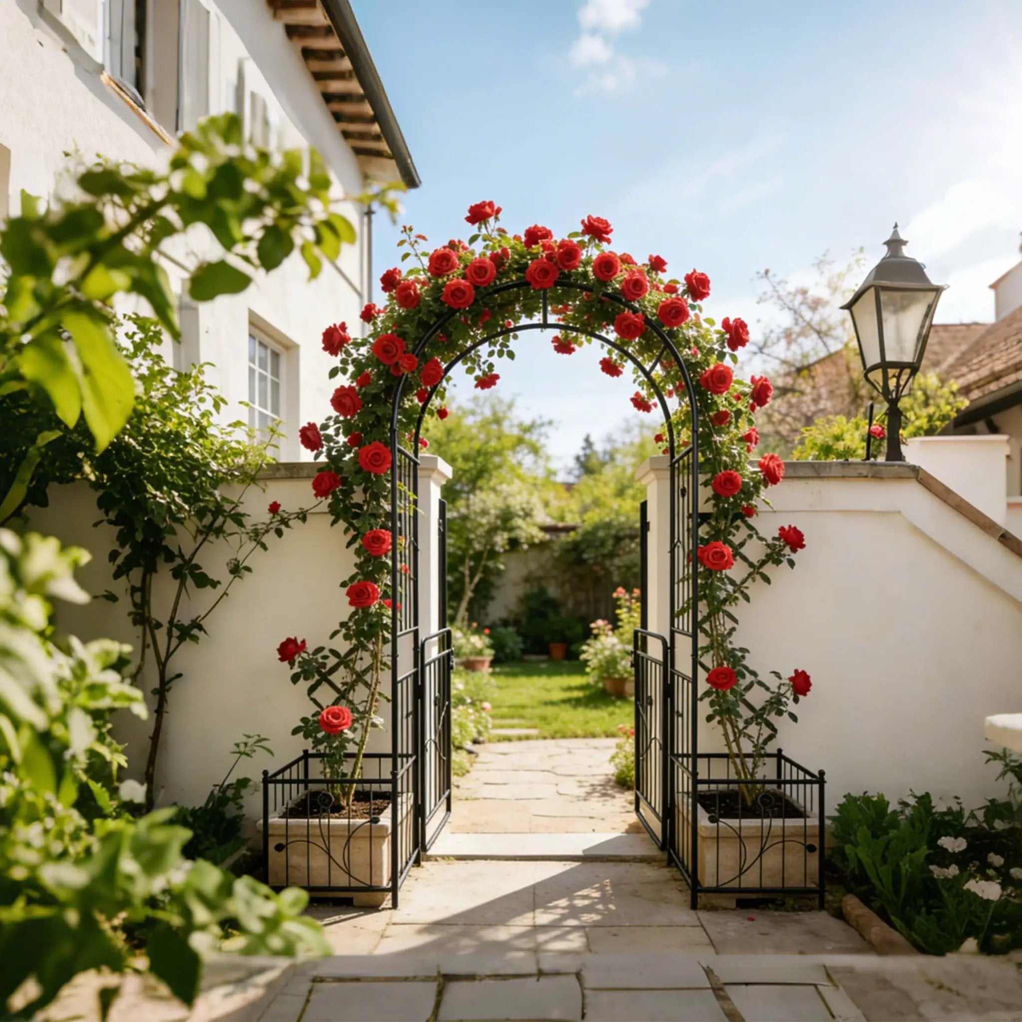 Metal Garden Arch With Gate Wide High Climbing Plants Support Rose Arch Outdoor - Black by HouseOfZazla