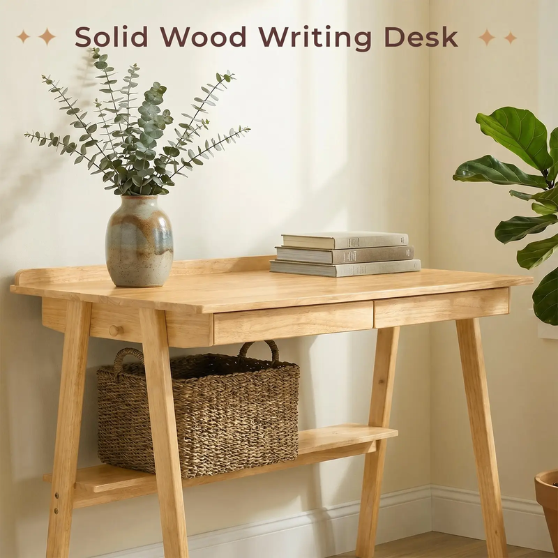 Solid Wood Writing Desk with 2 Drawers & Storage Shelf by HouseOfZazla