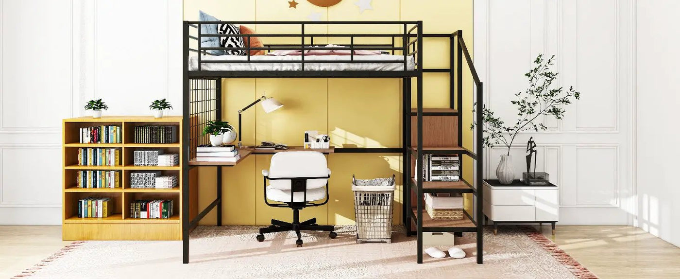 Loft Bed With Desk And Grid, Stylish Frame With Lateral Storage Ladder And Wardrobe by HouseOfZazla