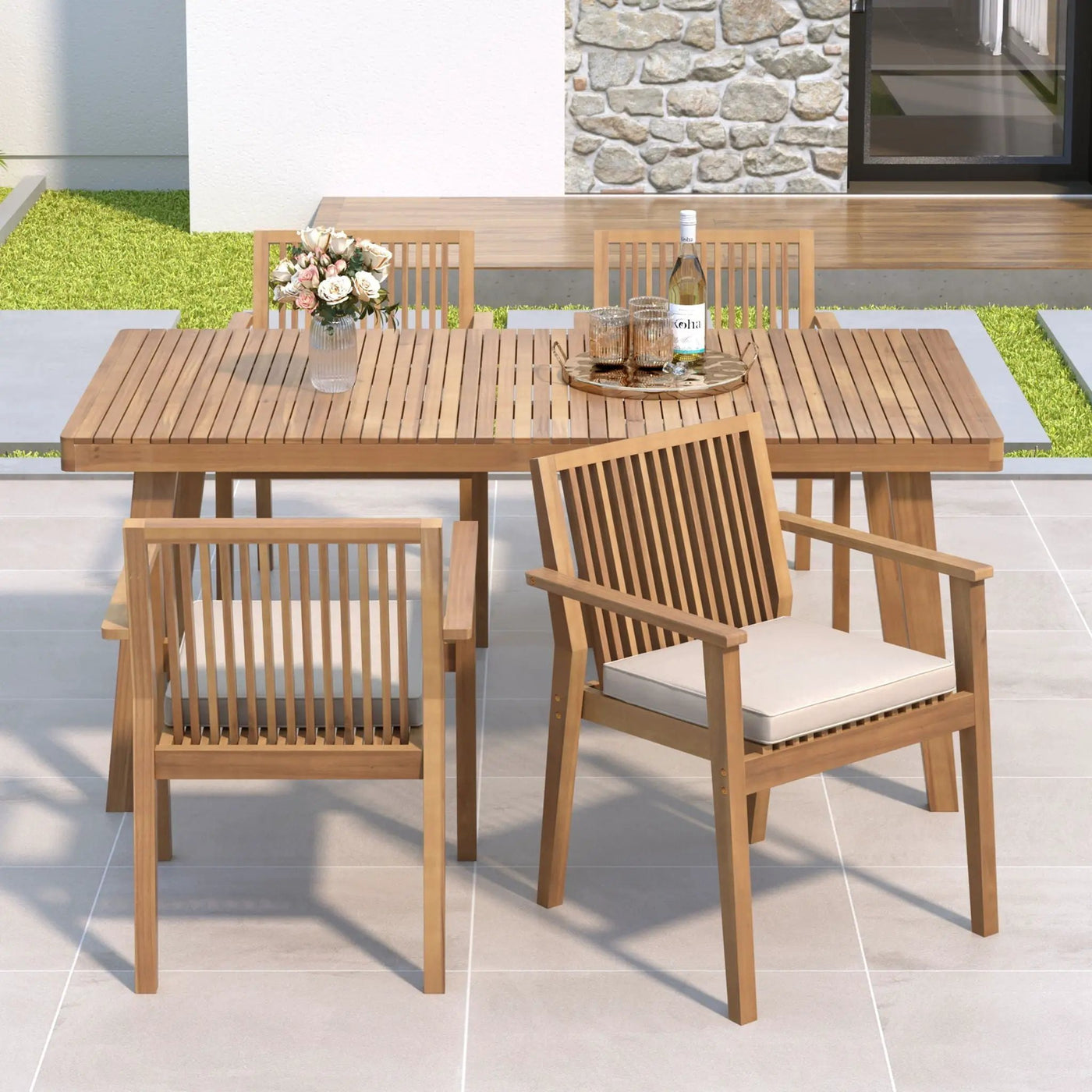 5 Piece Patio Furniture Set Acacia Wood Table And 4 Heavy Duty Cushioned Chairs by HouseOfZazla