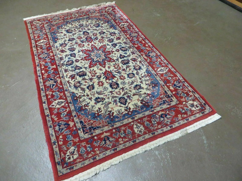 3' X 5' Vintage Handmade Authentic Oriental Floral Medallion Fine Wool Rug Beige Red and Blue Top Quality Veg Dyes by Jewel Rugs