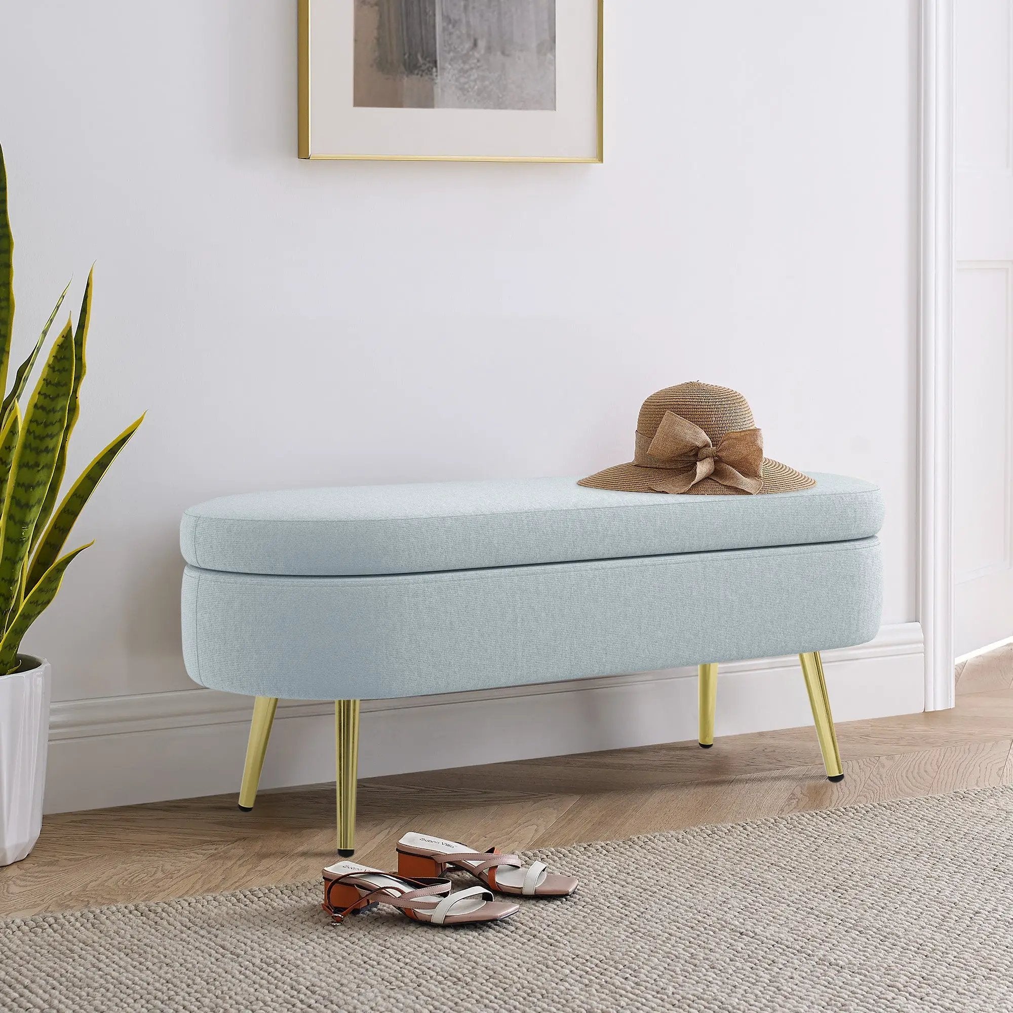 Ottoman Oval Storage Bench, Flannel with Metal Legs-Cyan by HouseOfZazla