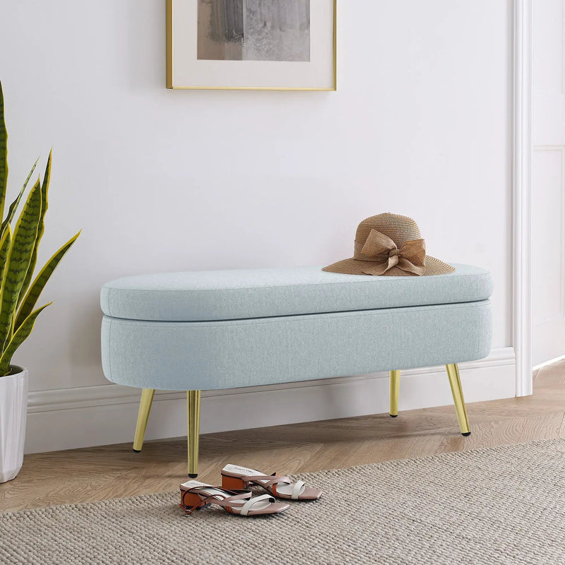 Ottoman Oval Storage Bench, Flannel with Metal Legs-Cyan by HouseOfZazla