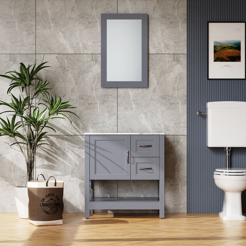 Gray Bathroom Vanity With Mirror and Marble-Pattern Top, photo 3 of 4
