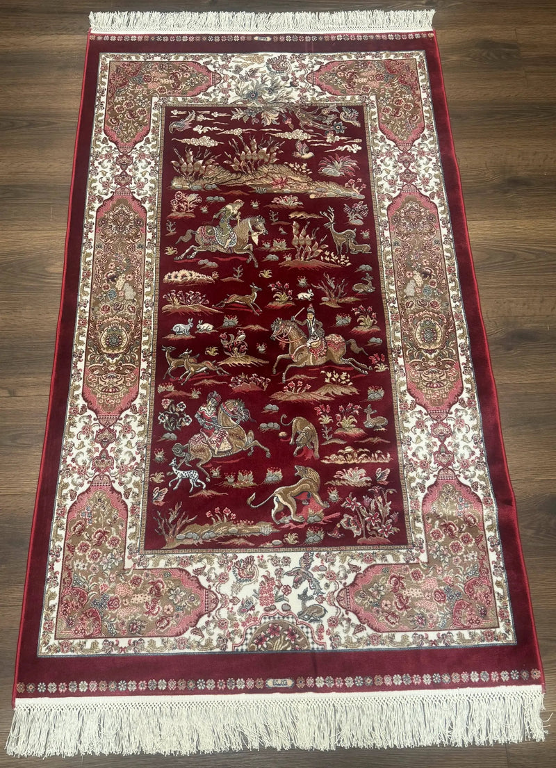 Turkish Silk Rug 3x5, Hunting Design, Dark Red & Ivory, Bamboo Silk, New by Jewel Rugs