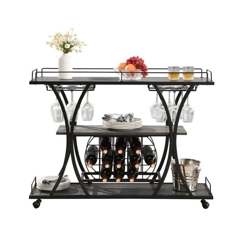 Industrial Bar Cart Kitchen Bar & Serving Cart For Home With Wheels 3 Tier Storage Shelves - Black / Gray by Unique Piece Furniture