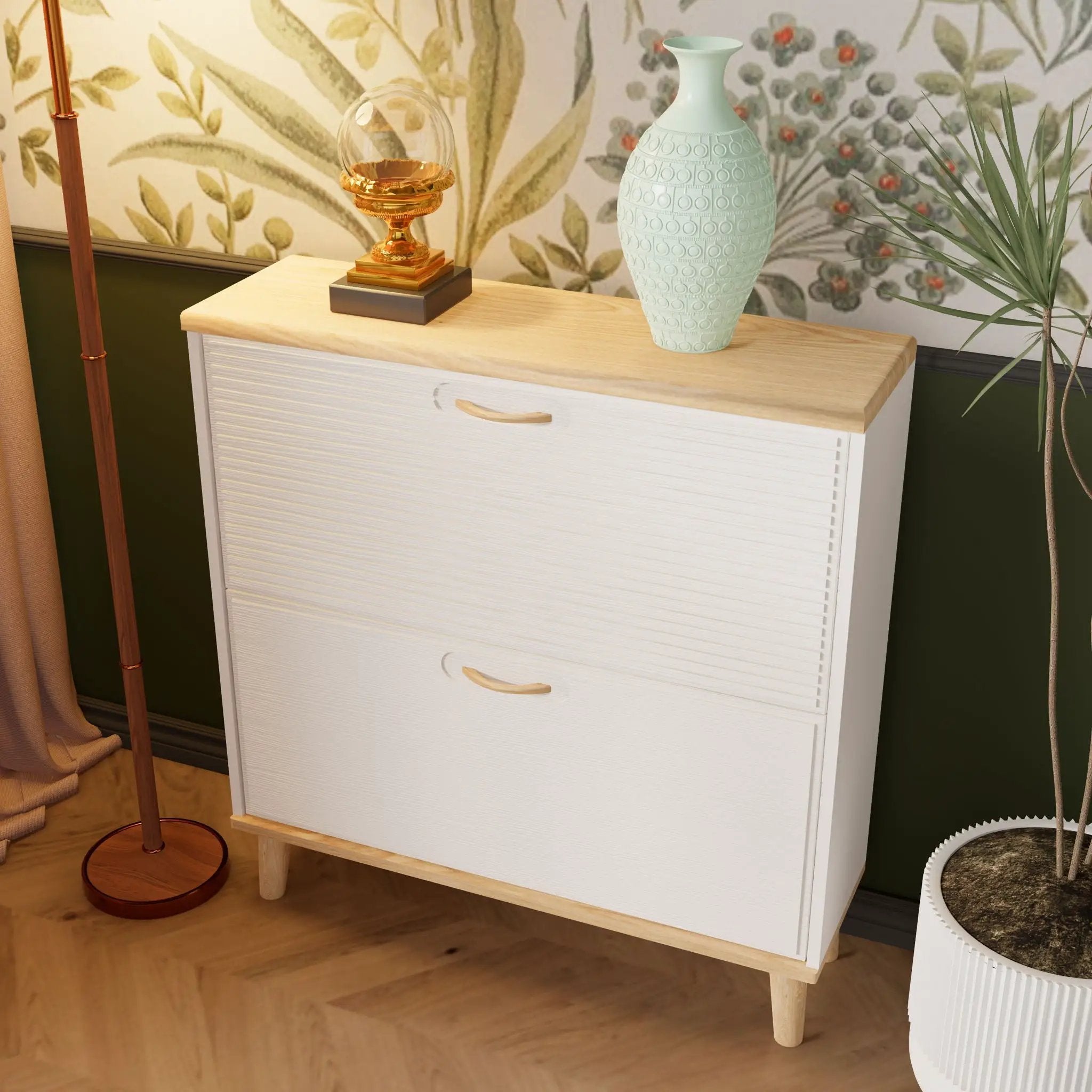 Narrow - Entryway Shoe Storage Cabinet With 2 Flip Drawers Legs - Natural / White by HouseOfZazla