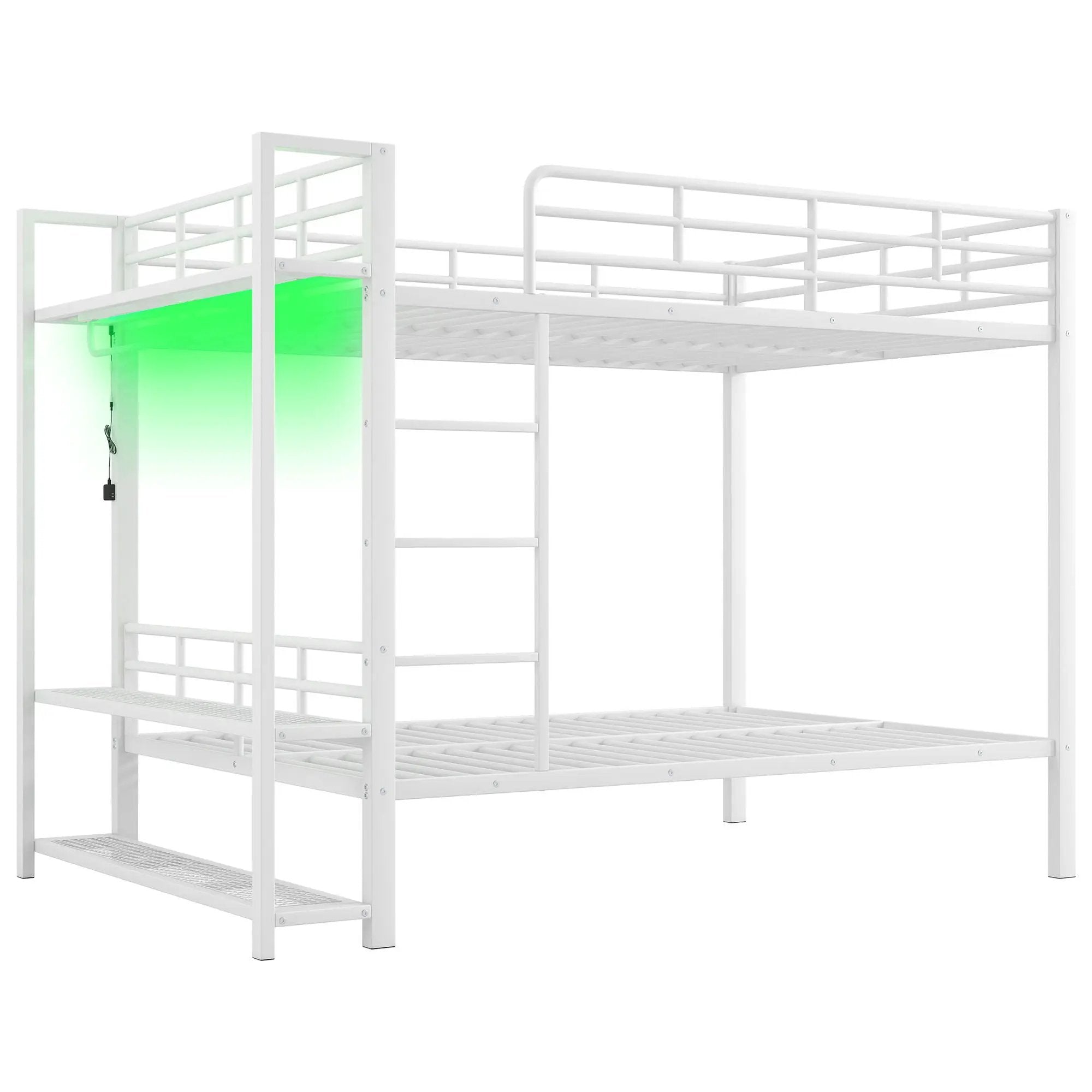 Bunk Bed With Storage Shelves, Clothes Hooks, LED Light