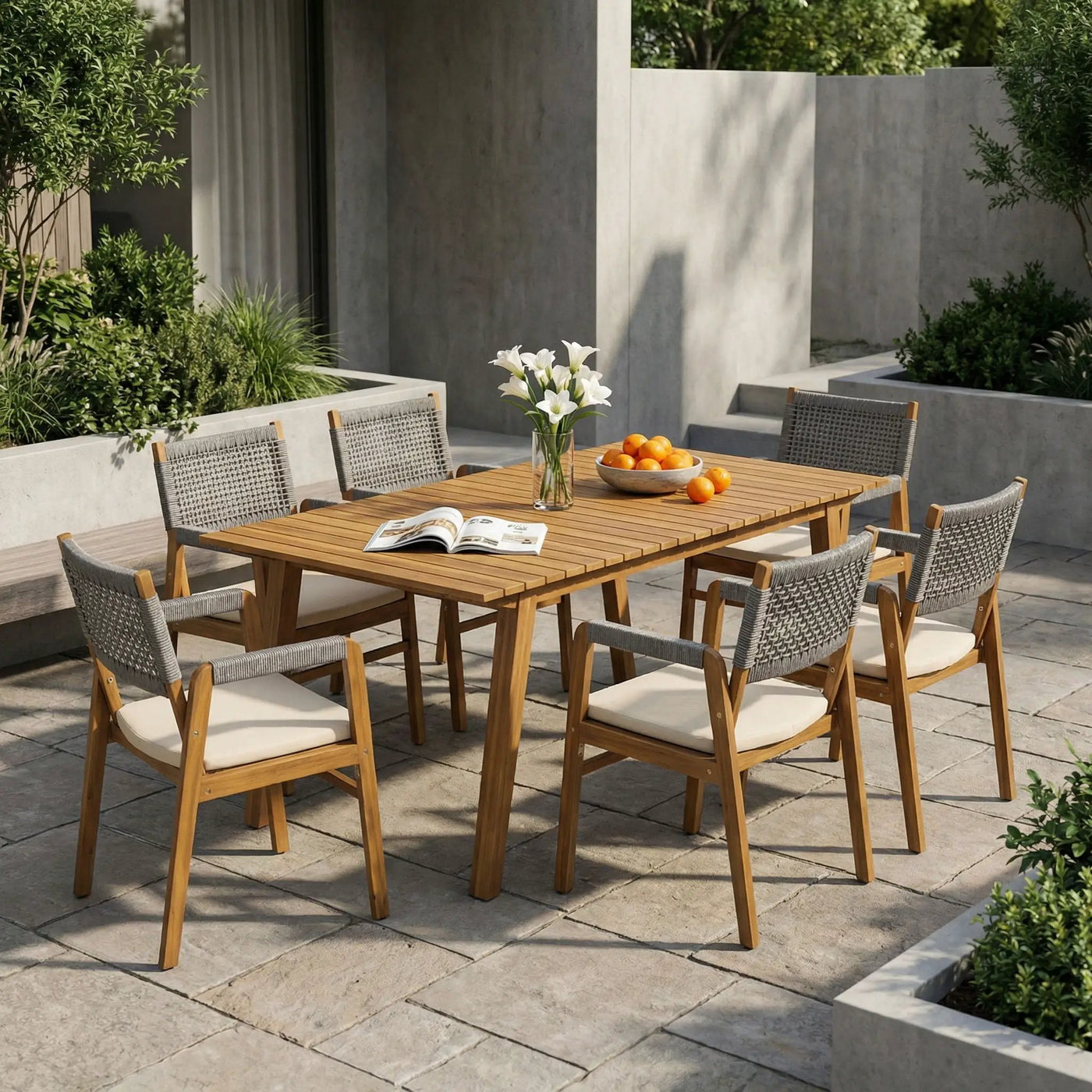 Outdoor 7 Pieces Patio Slat Design Acacia Upholstered Dining Set by HouseOfZazla