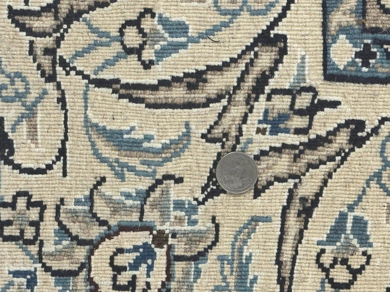 Persian Nain Rug 8x11, Navy Blue and Ivory, Handmade Wool Vintage Carpet, Floral Medallion by Jewel Rugs
