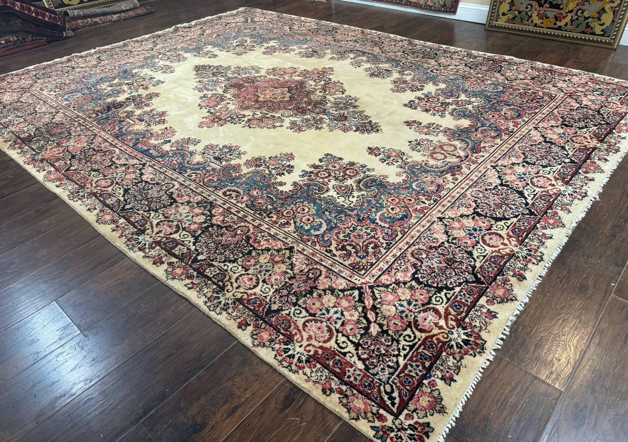 Persian Sarouk Rug 9x12, Ivory & Blue, Semi Open Field by Jewel Rugs