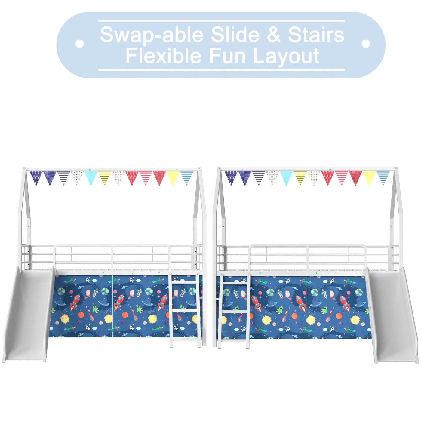 Jack - House Loft Bed With Slide And Curtain Set by HouseOfZazla