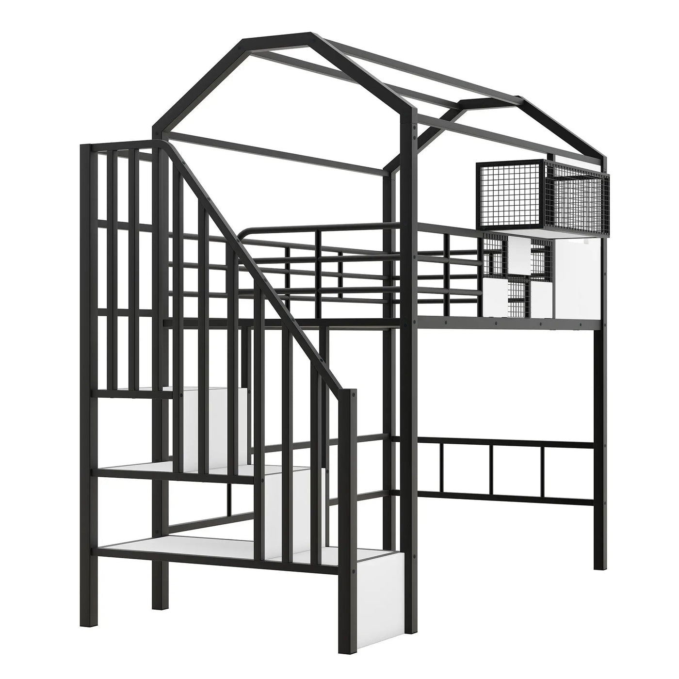 Metal Loft Bed With Roof Design And Storage Box With Guardrails And Integrated Ladder by HouseOfZazla