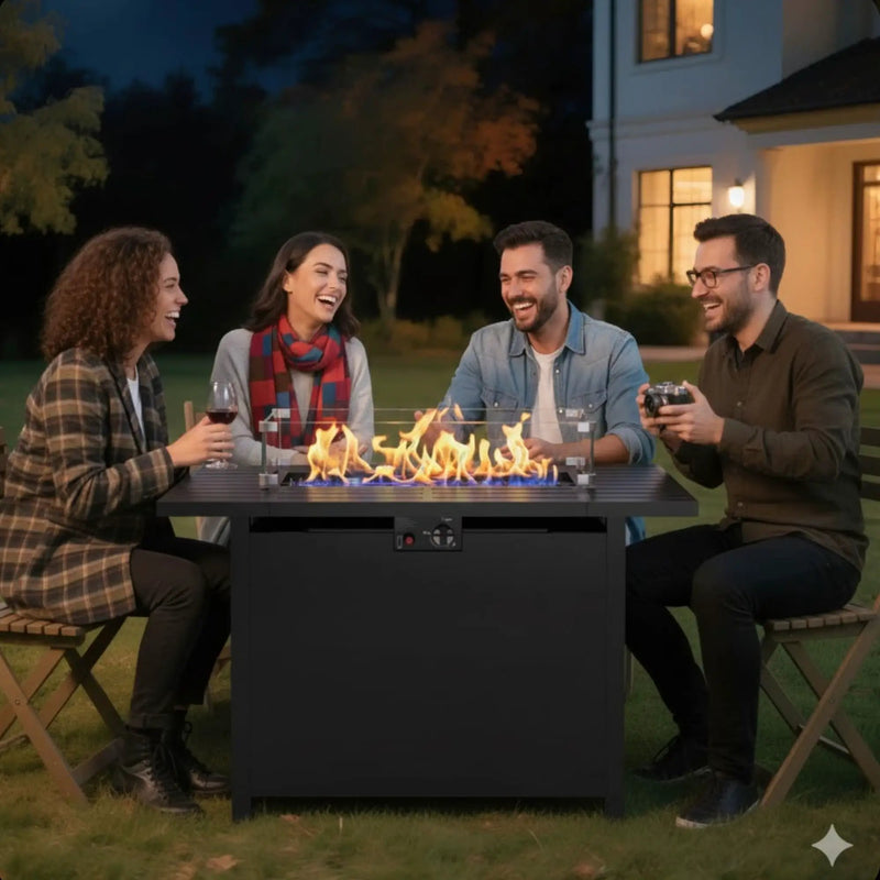 Outdoor 2 In 1 Gas Fire Pit Table With Lid & Glass Shield, Stainless Burner, Lava Rock, Rectangular Design - Black by HouseOfZazla
