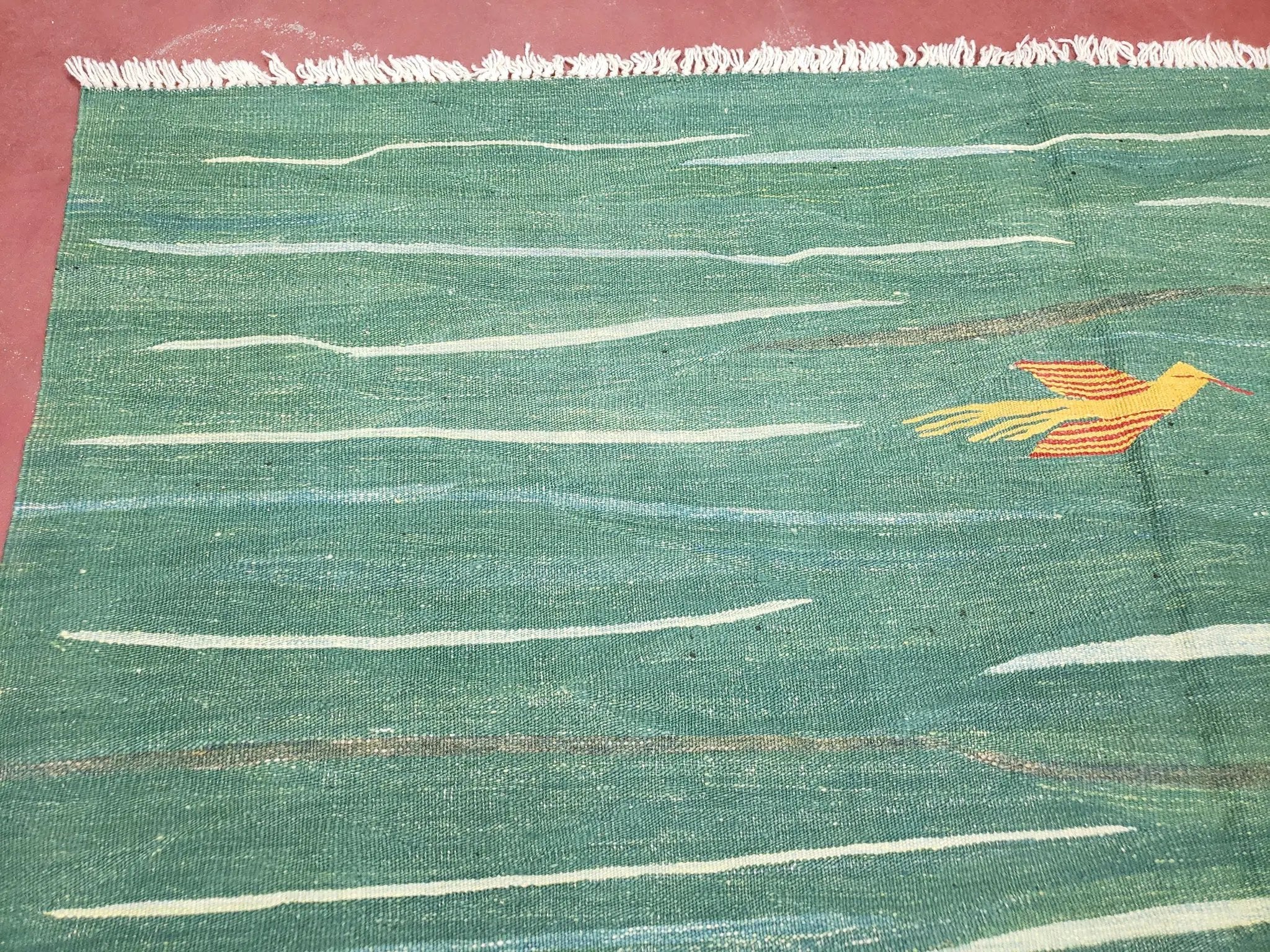 Green Turkish Kilim Rug, 6x9 - 7x10 Rugs, Bird, Handmade New Area Rug, Wool, Bohemian Boho Decor, Hand Woven, Modern Abstract Flat Weave Rug by Jewel Rugs