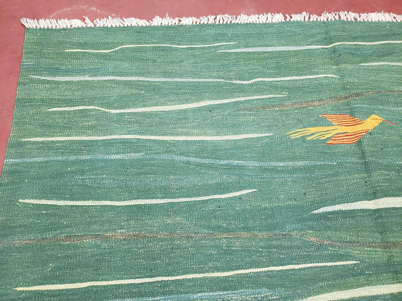 Green Turkish Kilim Rug, 6x9 - 7x10 Rugs, Bird, Handmade New Area Rug, Wool, Bohemian Boho Decor, Hand Woven, Modern Abstract Flat Weave Rug by Jewel Rugs
