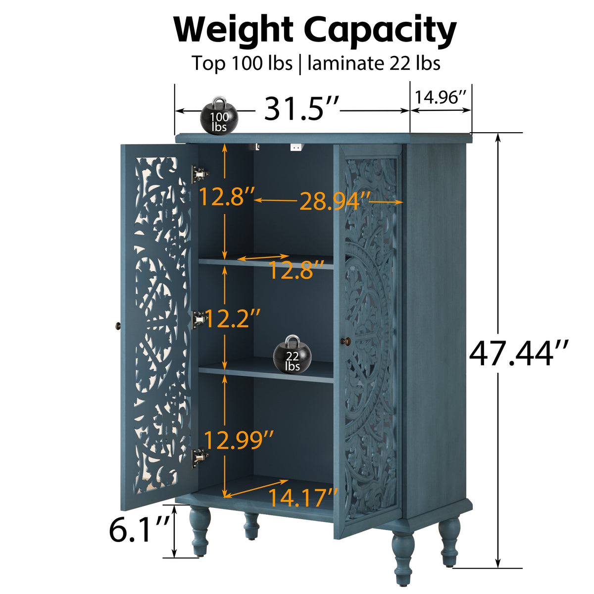 Farmhouse Accent Storage Cabinet, 2 Door Decorative Cabinet with Hollow Carved Doors, Adjustable Shelf, Freestanding Display Cabinet with Turned Legs for Entryway Living Room Dining Room,Antique, photo 9 of 10