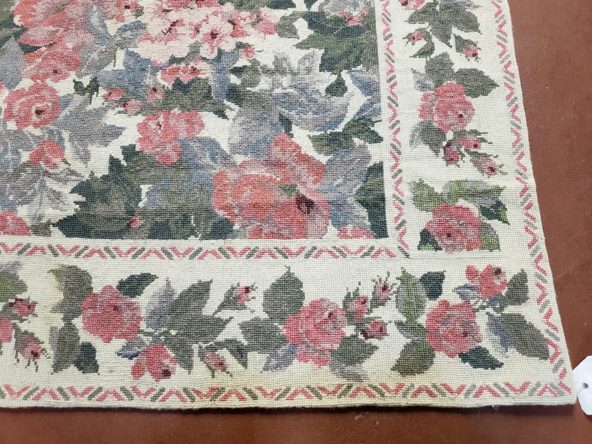 5x8 Needlepoint Rug 5' 4" x 8' 3" Wool Flat Weave Floral New Unused Carpet English Design Ivory Large Pink Flowers Green Leaves Hand-Knotted by Jewel Rugs