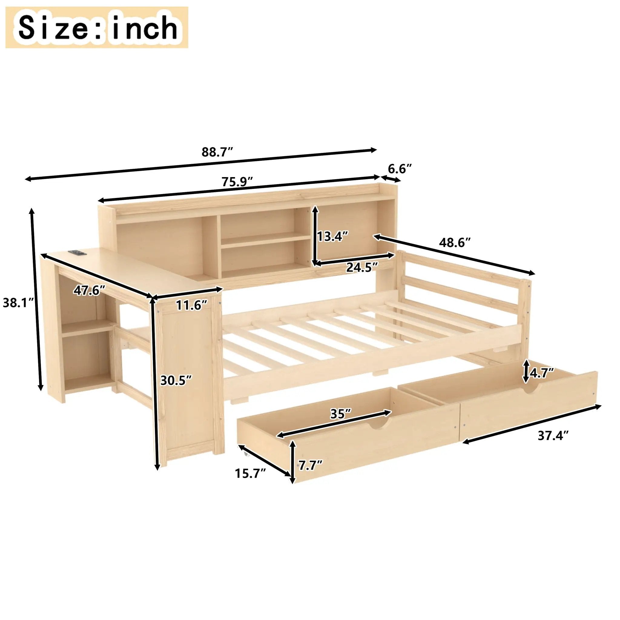 Corner Daybed With Storage Drawers, Desk, Charging Port & Bookcase by Unique Piece Furniture