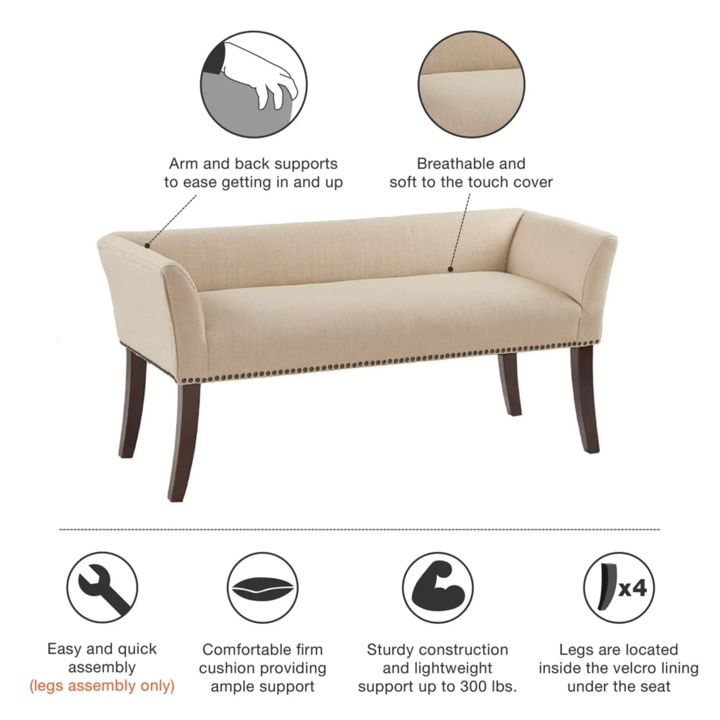 Elegant Design Bench Upholstery, Solid Wood Frame by HouseOfZazla