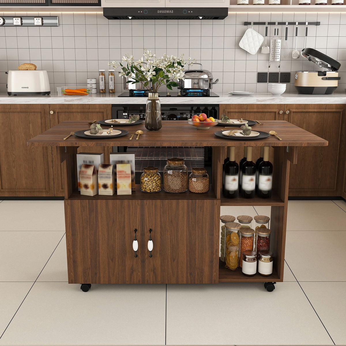 Multi Functional Folding Table with Storage Shelves and Wheels - Light Brown or Dark Brown, photo 4 of 12