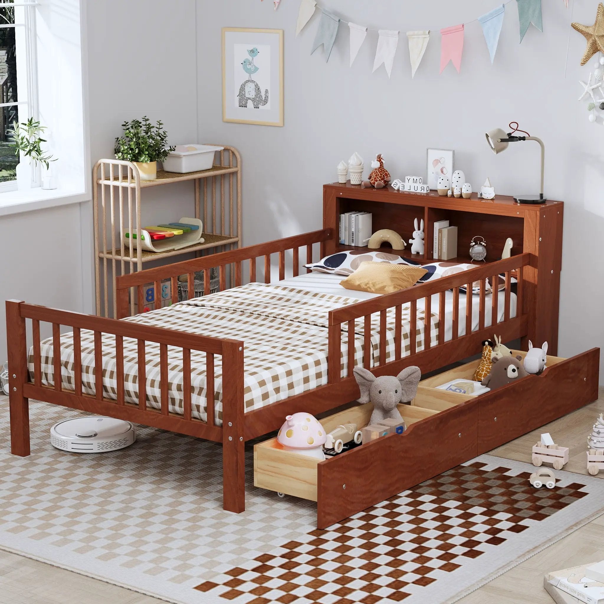 Bed With Headboard Storage Rack, 2 Under Bed Drawers, 3 Side Guardrails For Safety by Unique Piece Furniture