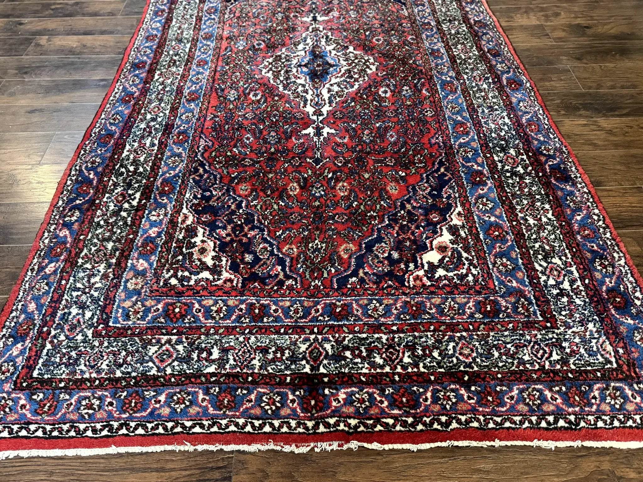 Persian Tribal Rug 6x11, Red Blue Ivory, Antique Persian Carpet, Hamadan Dargazin Carpet by Jewel Rugs