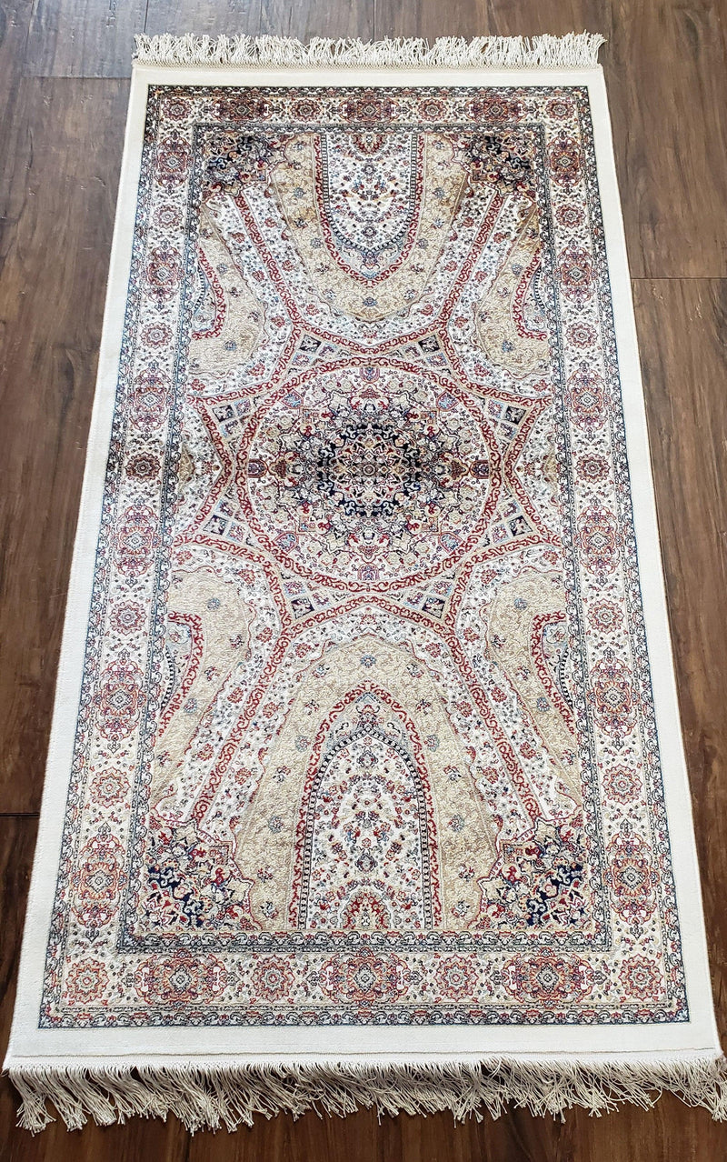 Beige & Cream Small Turkish Silk Rug, Bamboo Silk, Power-Loomed, Persian Design, High Quality, Soft Accent Rug, 3x5 ft, 2' 8" x 4' 11" by Jewel Rugs