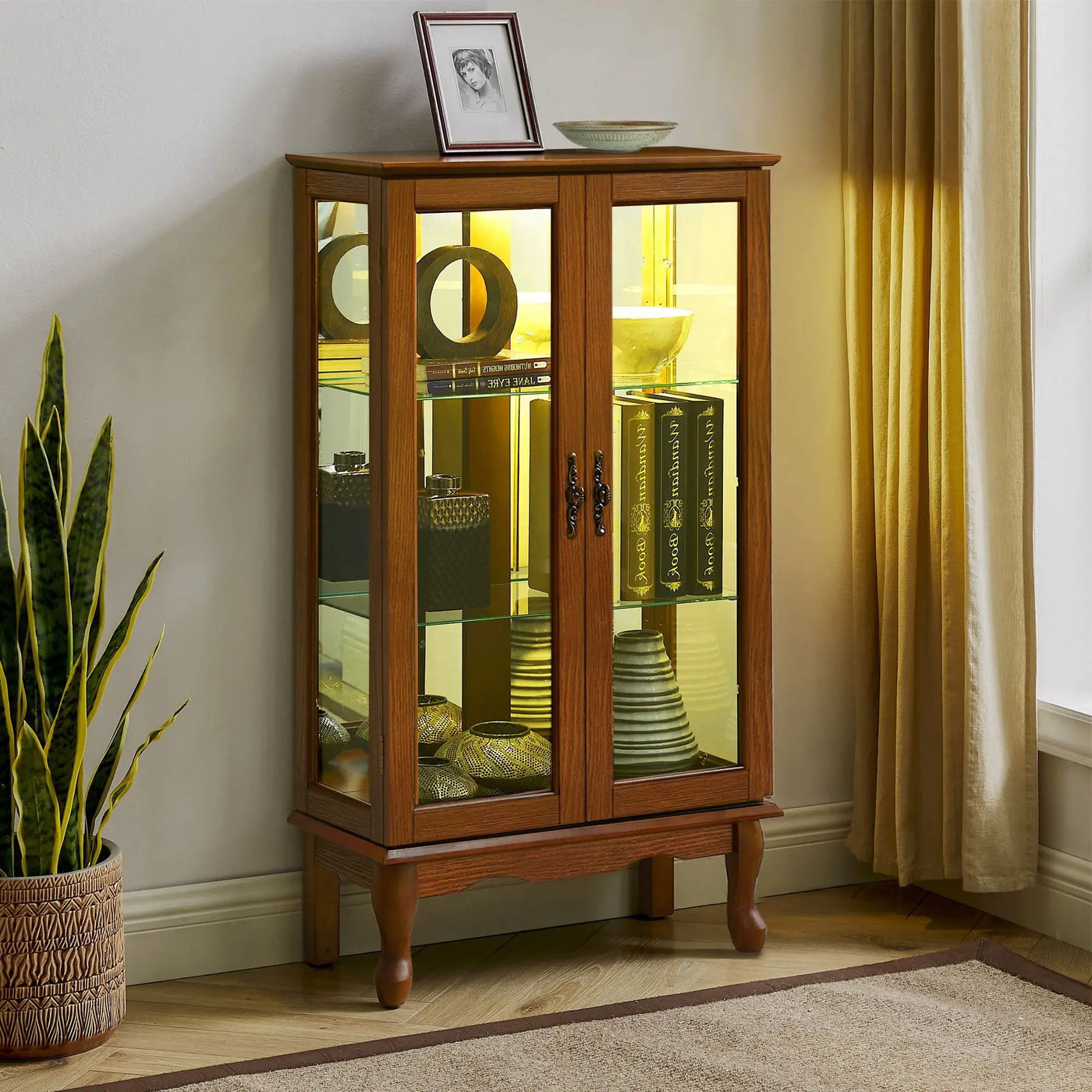 Curio Cabinet Lighted Curio Diapaly Cabinet With Adjustable Shelves And Mirrored Back Panel, Tempered Glass Doors (3 Tier), (E26 Light Bulb Not Included) by HouseOfZazla