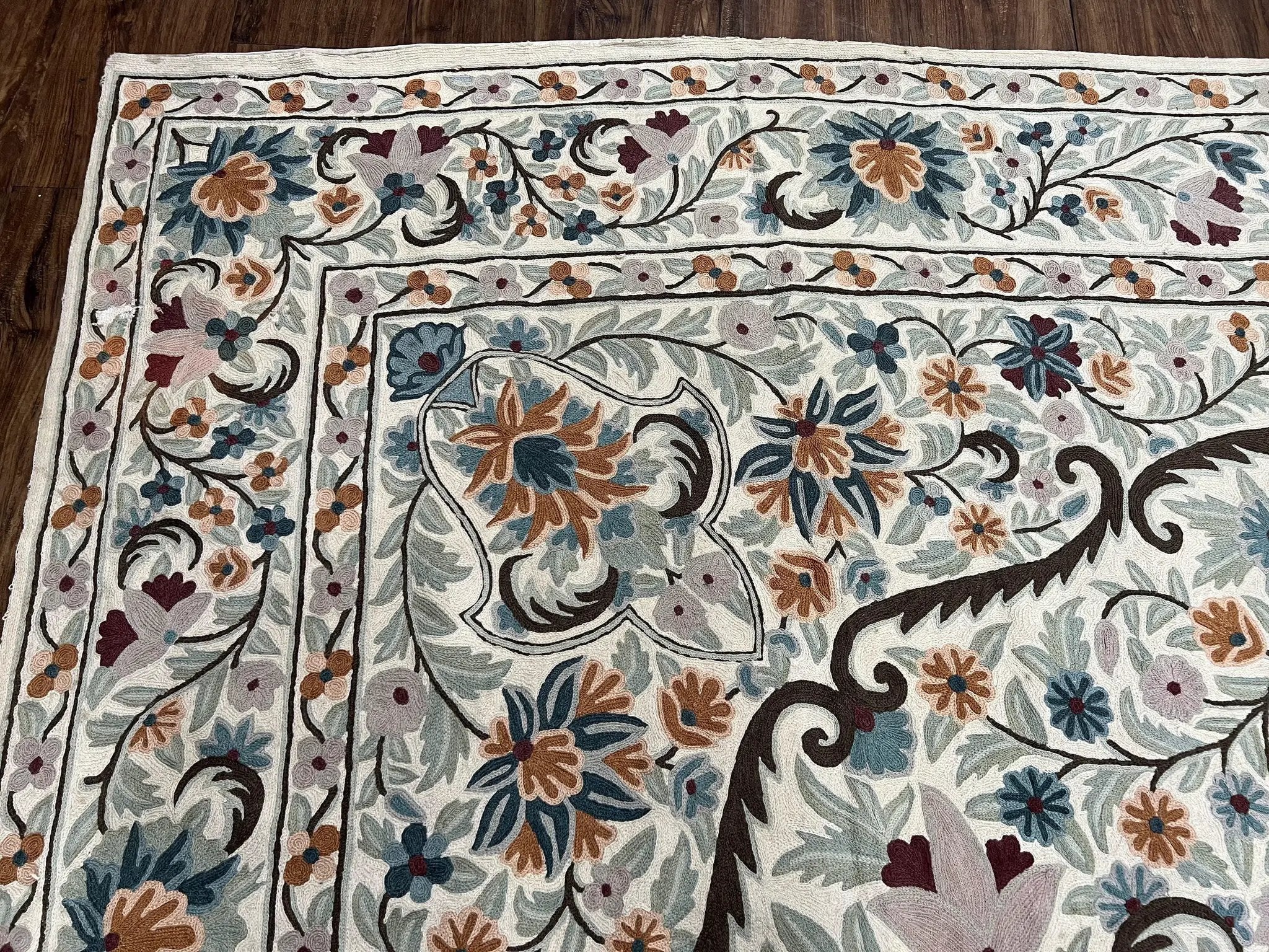 Chain Stitched Rug 9x12 Vintage Carpet 9 x 12 Flatweave Rug, Ivory Teal Rug, Area Rug 9 by 12, Hand Stitched Rug, Medallion, Indian Rug by Jewel Rugs