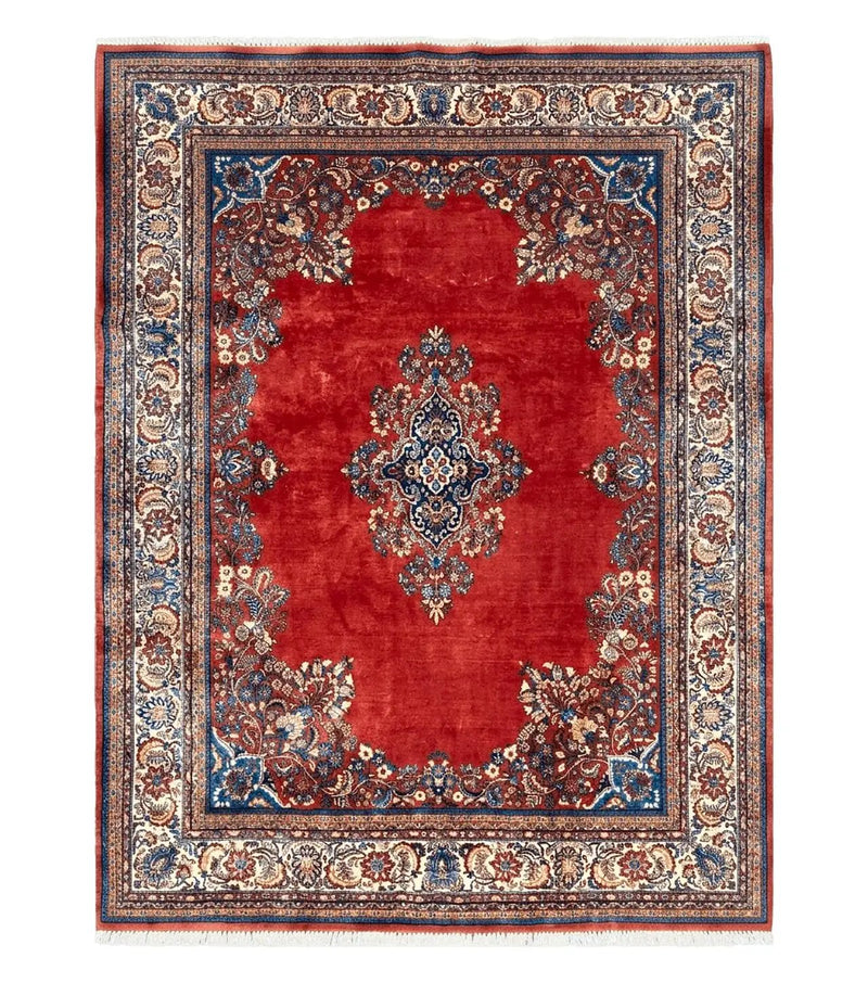Semi Antique Persian Sarouk Rug 9x12, Semi Open Field with Central Medallion, Hand Knotted Wool, Tomato Red, 9 x 12 Authentic Oriental Carpet by Jewel Rugs