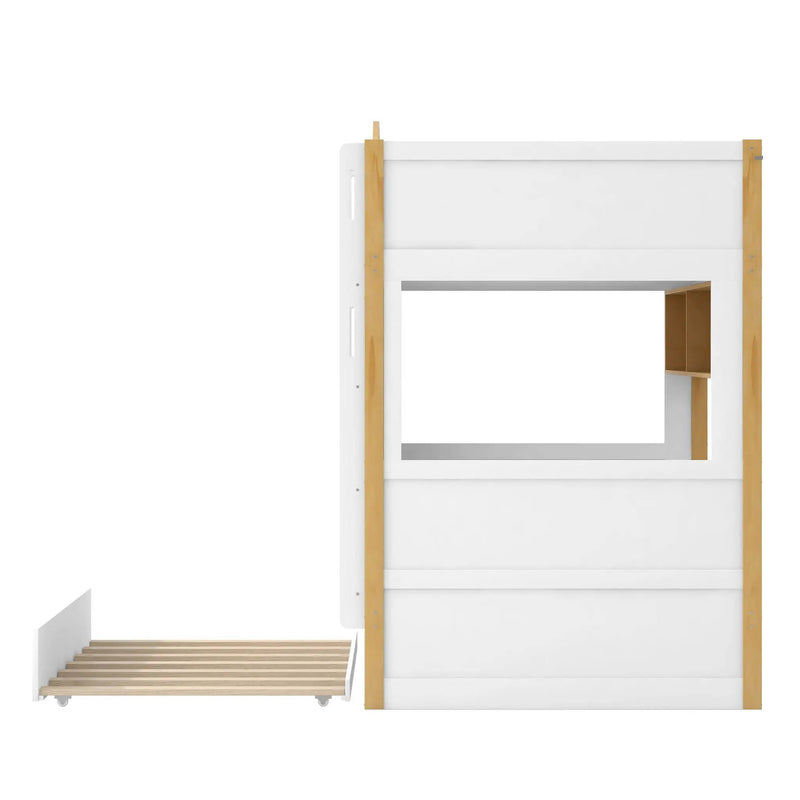 Bunk Bed With House Shaped Guardrails, Storage Shelves, And Trundle by HouseOfZazla