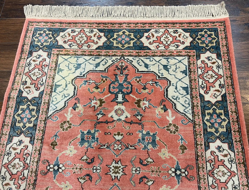 Karastan Rug 4x6 Bergama Design #737, Karastan Area Rug, Vintage Wool Karastan Carpet, Original Collection 700 Series, Salmon Red Light Blue by Jewel Rugs