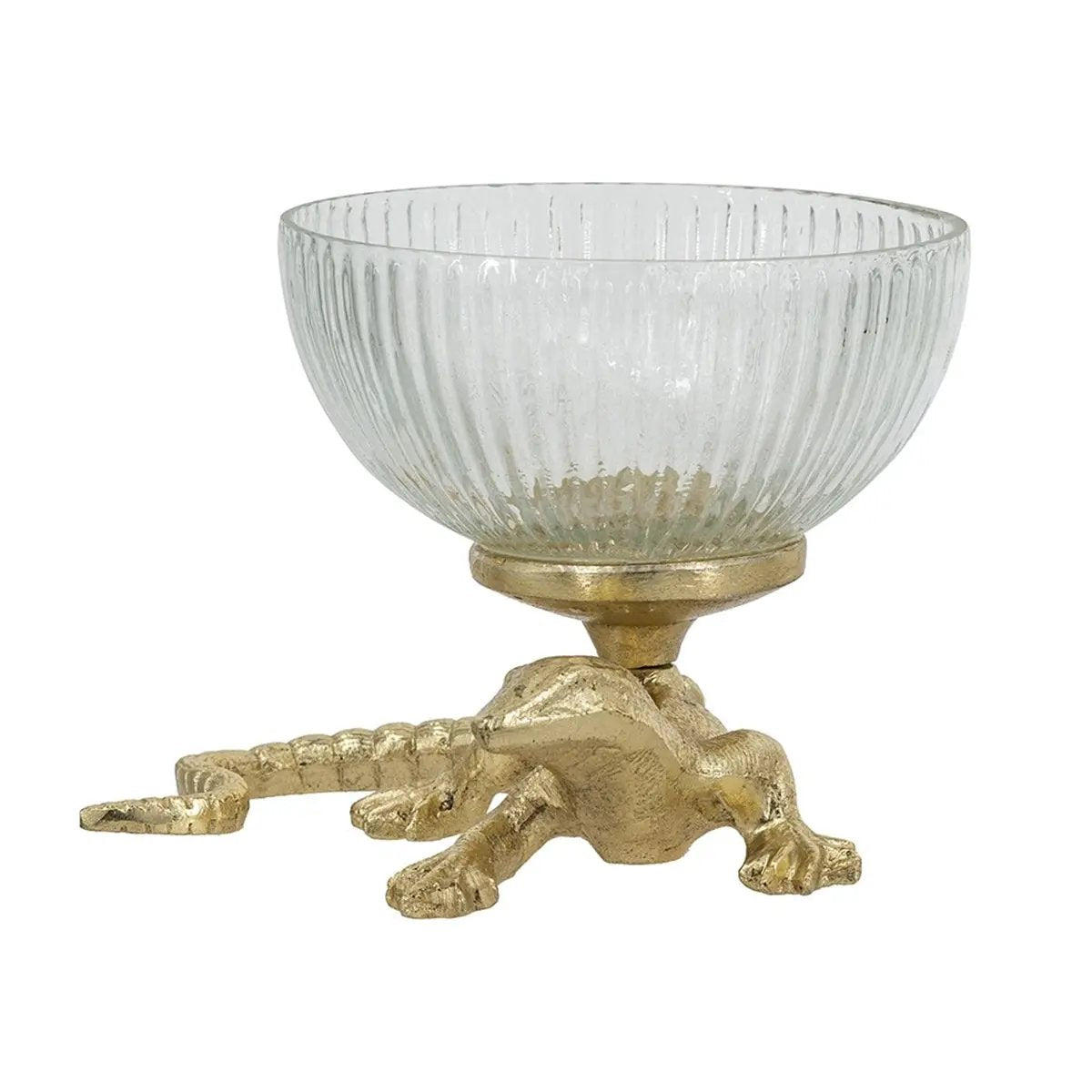 5x5x4.5' Gold Lizard Pedestal Bowl with Ribbed Glass Dish by HouseOfZazla