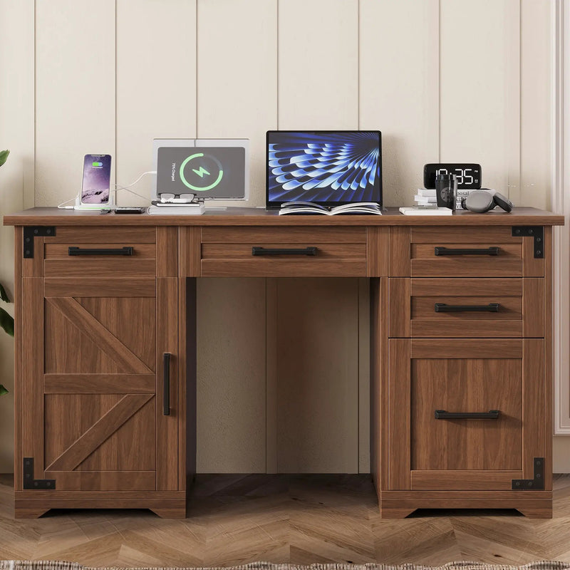 55" Farmhouse Executive Desk with Charging Station by HouseOfZazla