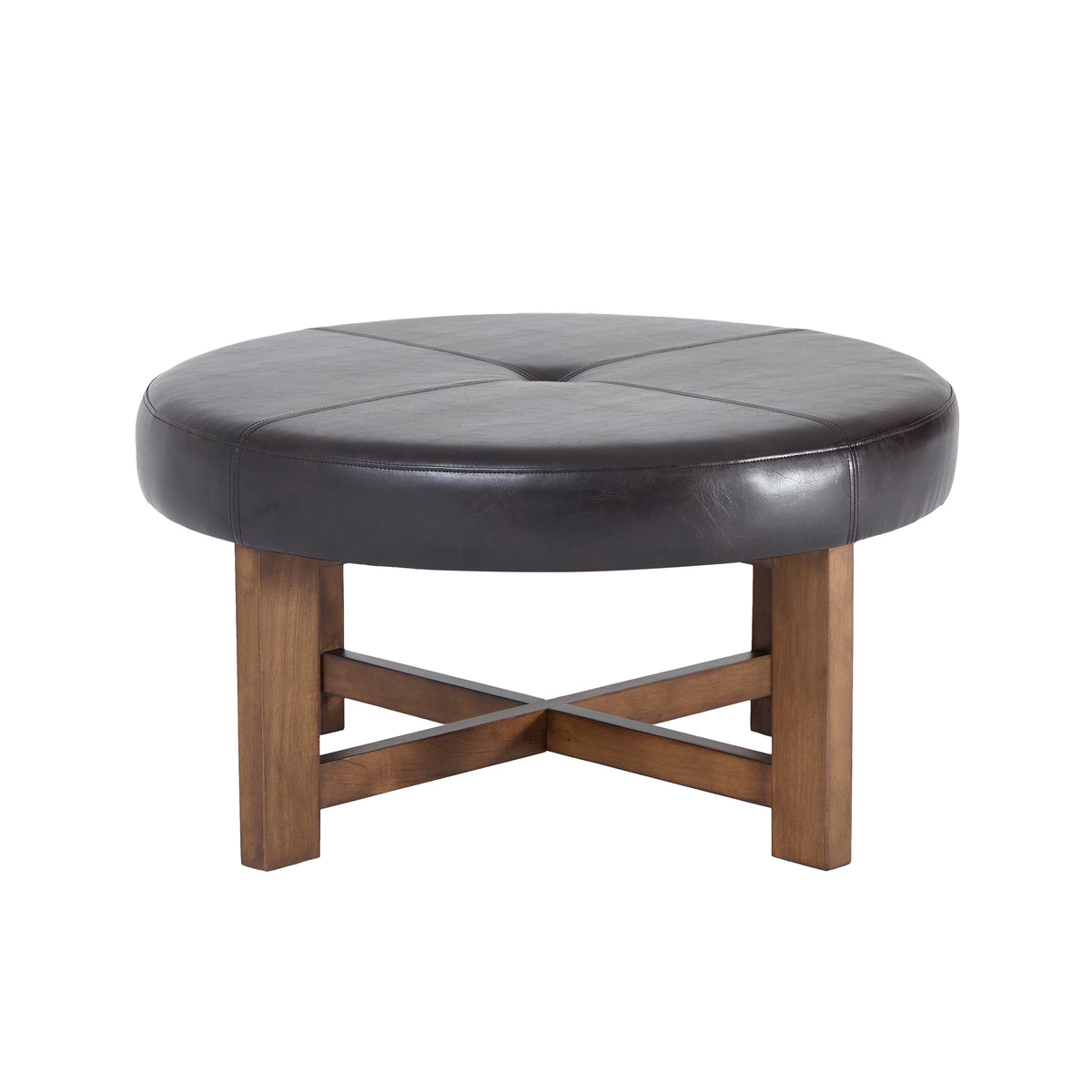 Round Leather Ottoman Coffee Table with Solid Wood Base, photo 6 of 10