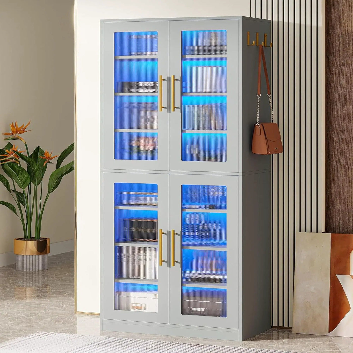 Bookcase With Doors And LED Lighting, 8 Adjustable Shelves Storage Cabinet by HouseOfZazla