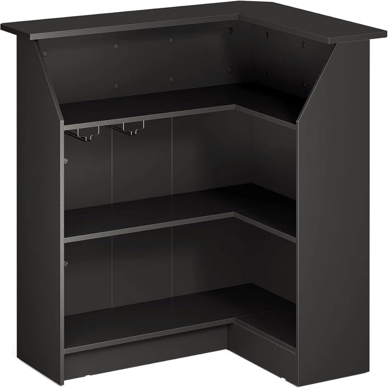 L-Shaped Home Bar Cabinet With Stemware Racks, 4 Tier Corner Unit, Liquor Wine Bar Table & Reception Desk For Home Pub - Black by HouseOfZazla