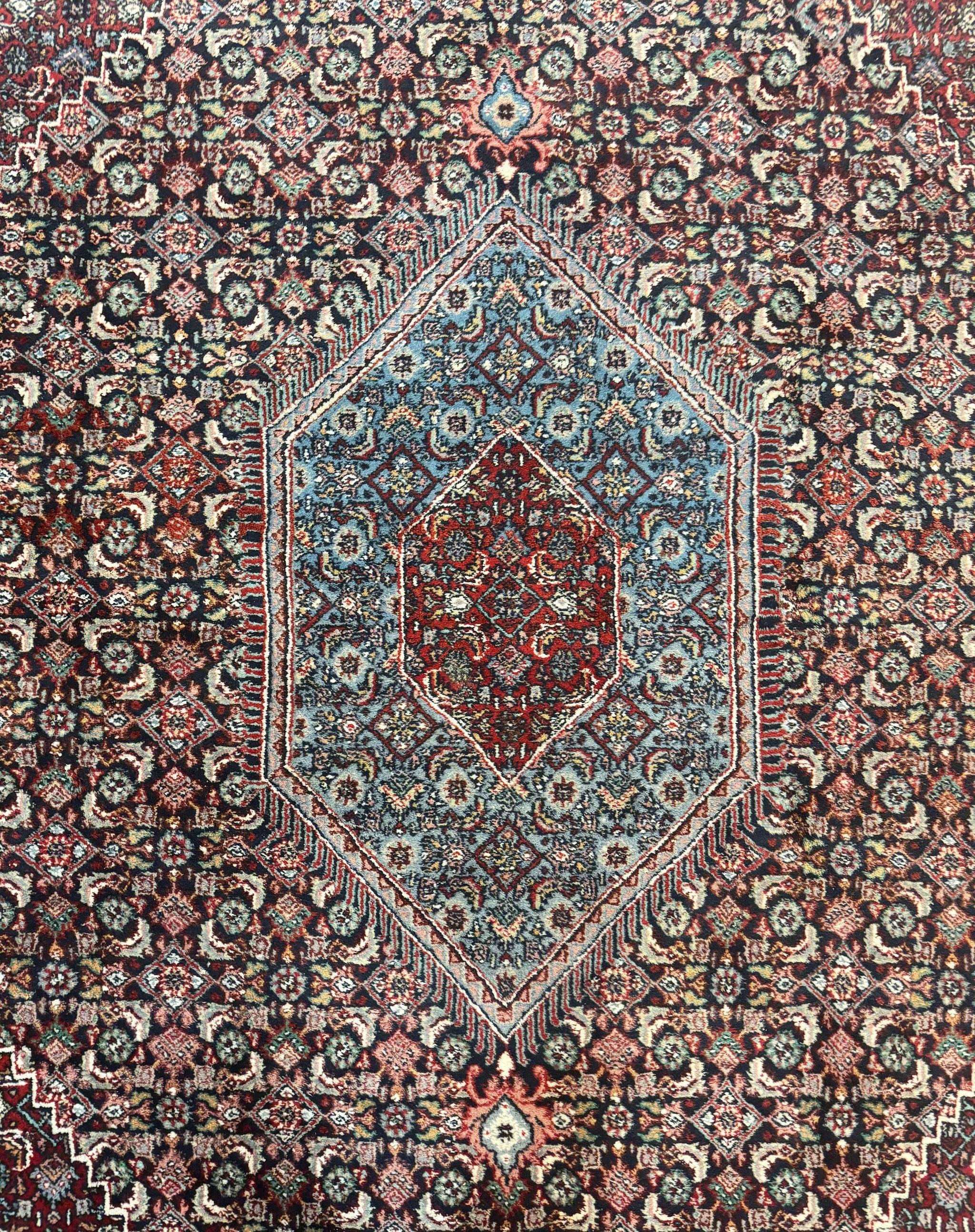 Indo Persian Bidjar Rug 8x11, Herati Mahi Pattern, Red Navy Blue, Handmade Vintage Wool Carpet by Jewel Rugs