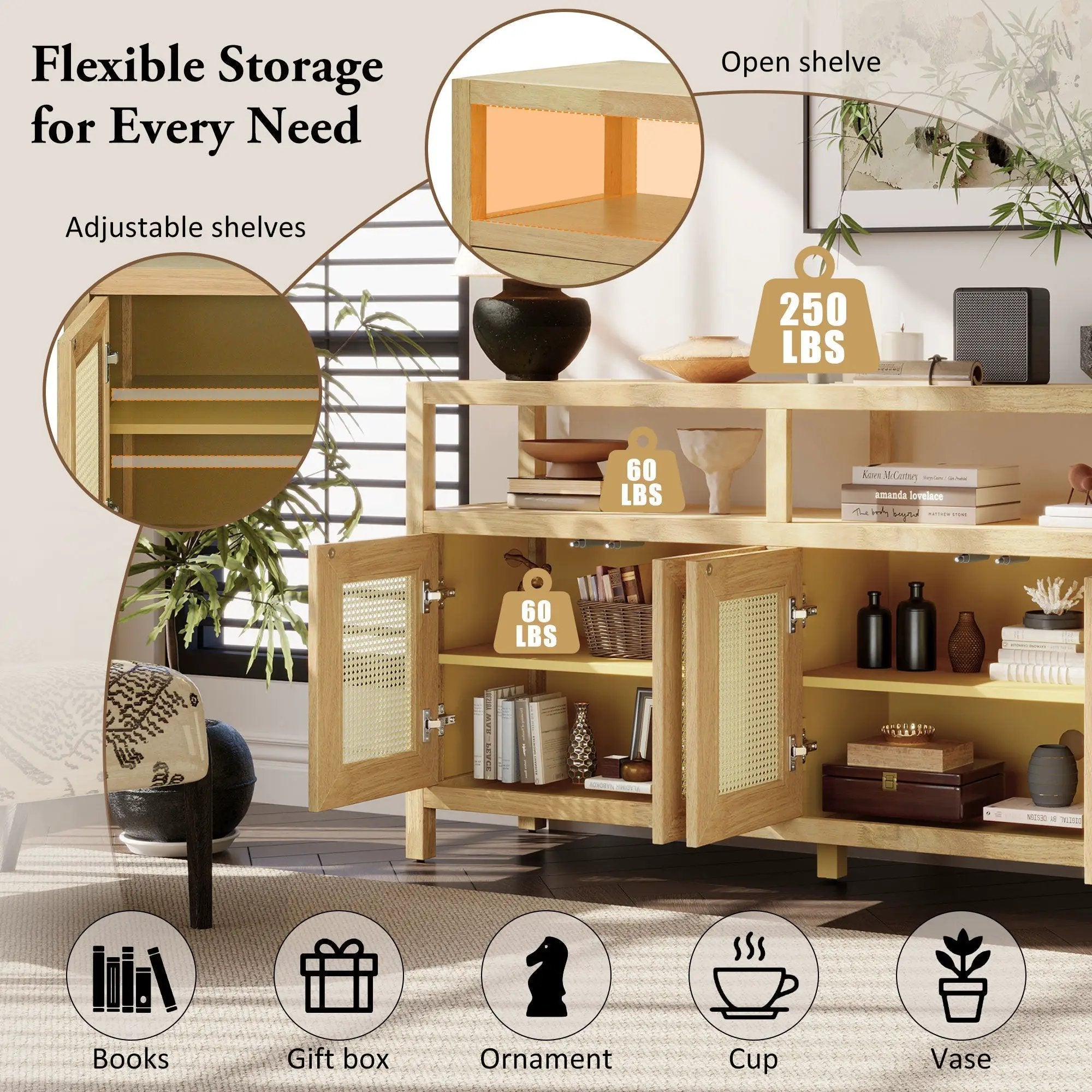 Bohemian Style Rattan Buffet Storage Cabinet with Solid Wood Frame by HouseOfZazla