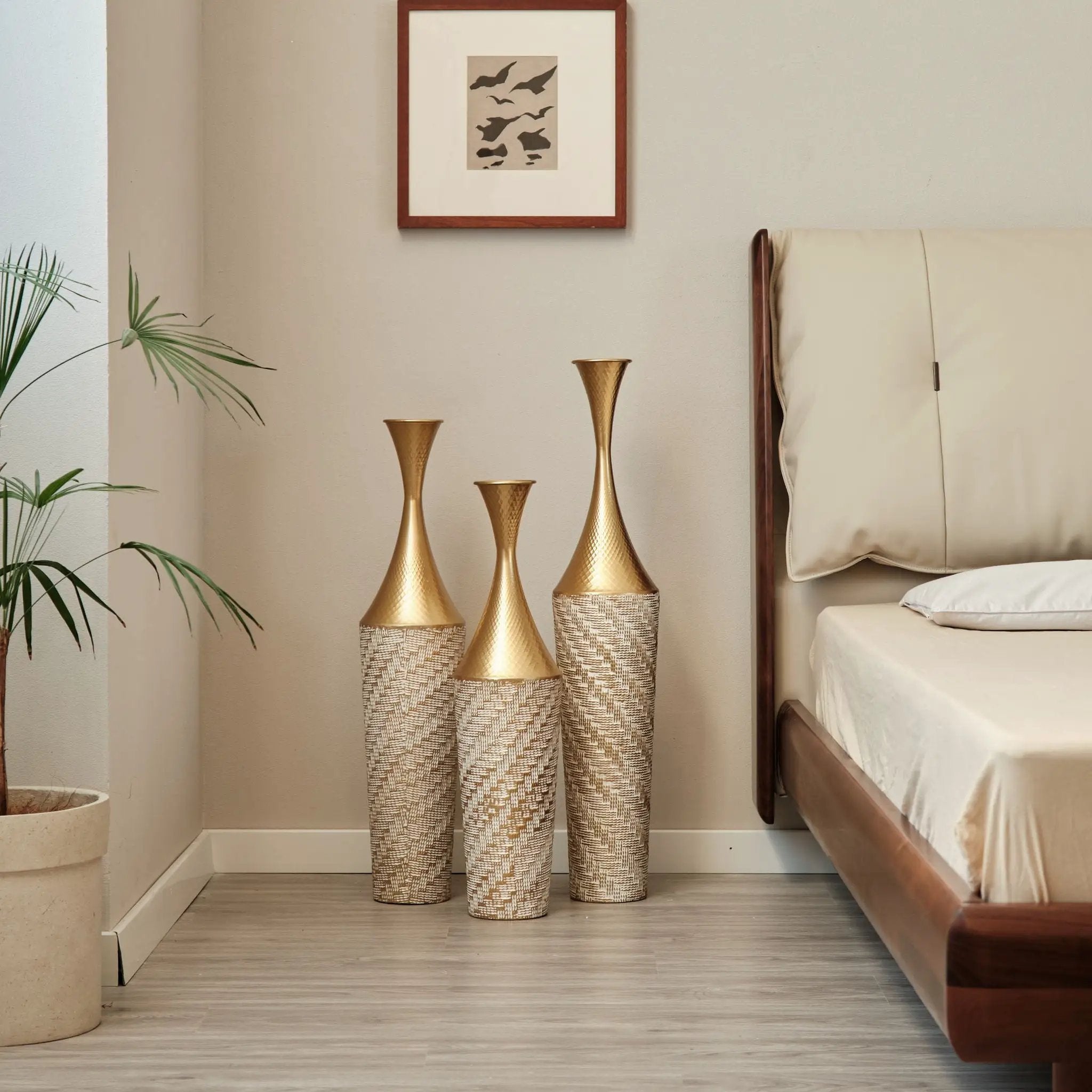 Floor Metal Vase Modern Style Decoration Home Woven Pattern Metal Vase 3 Piece Set Gorgeous Home Decoration Large Glazed Metal Vase - Champagne by Unique Piece Furniture