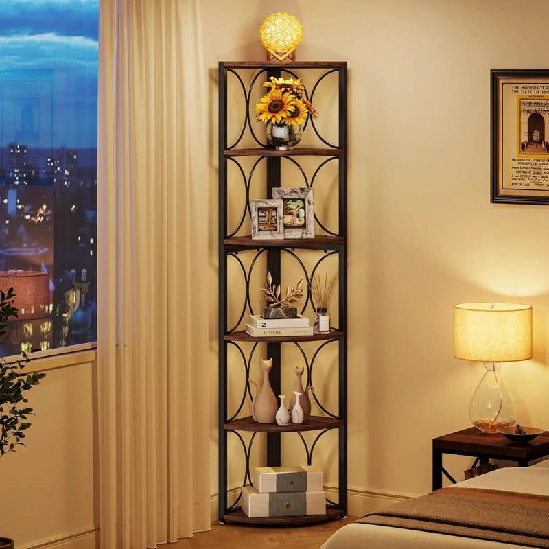Tall 6 Tier Corner Bookshelf Storage Rack For Living Room - Rustic Brown by HouseOfZazla