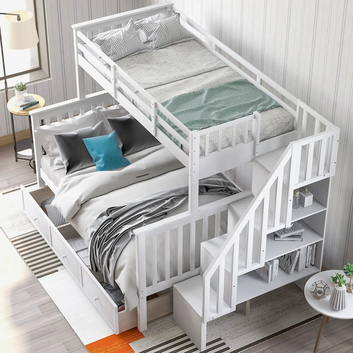 Stairway Bunk Bed With Storage And Guard Rail For Bedroom by HouseOfZazla