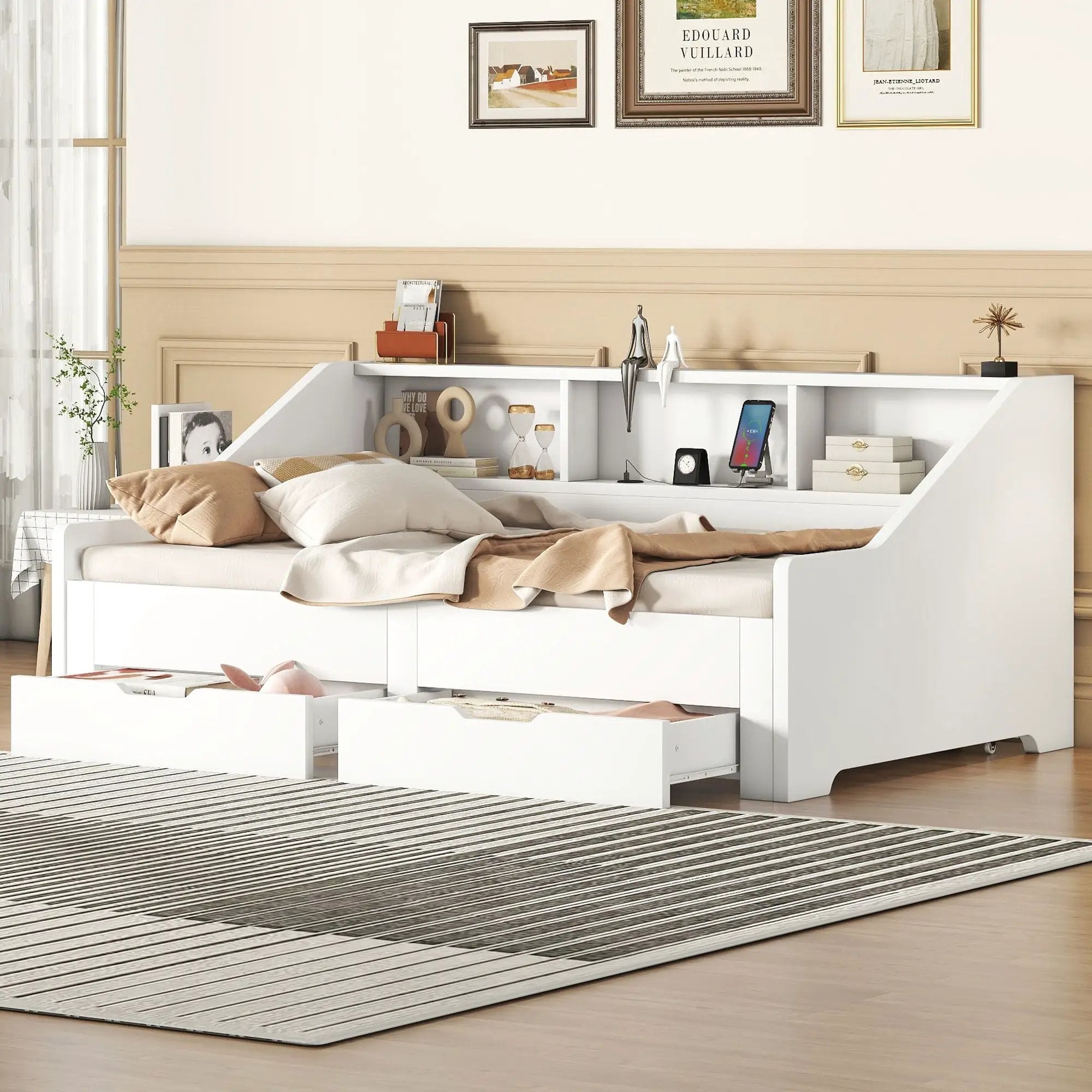 Daybed Frame With Storage Bookcases, 2 Drawers, Charging Station by Unique Piece Furniture